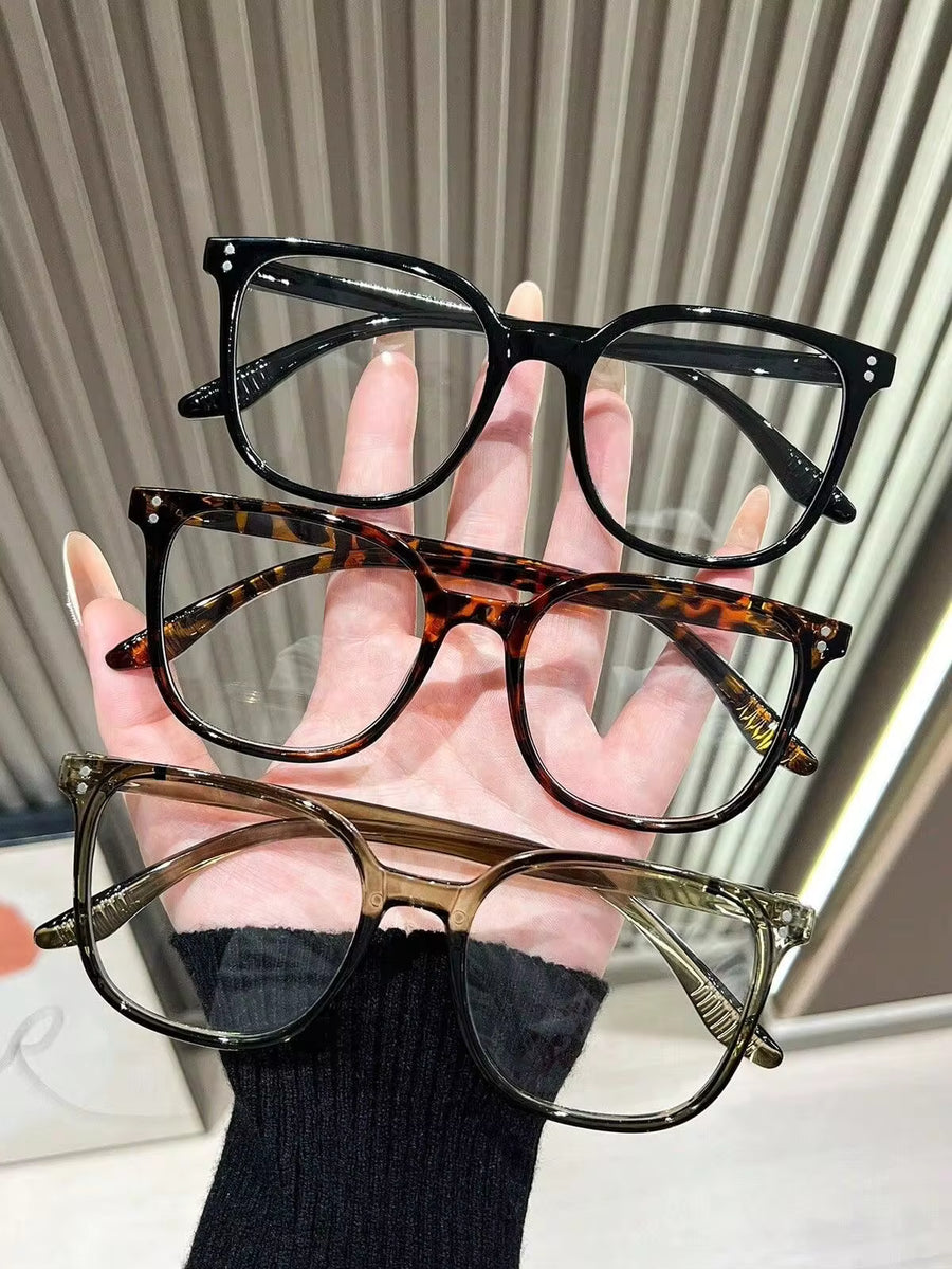 3/1pc Unisex Square Rivet Fashion Glasses, Lightweight Plastic Frame Glasses, Comfortable Non-Slip And Face-Flattering Design, Suitable For Daily Commute, Study, Office, Travel, Ideal Holiday Gift Accessory, Glasses For Round Face