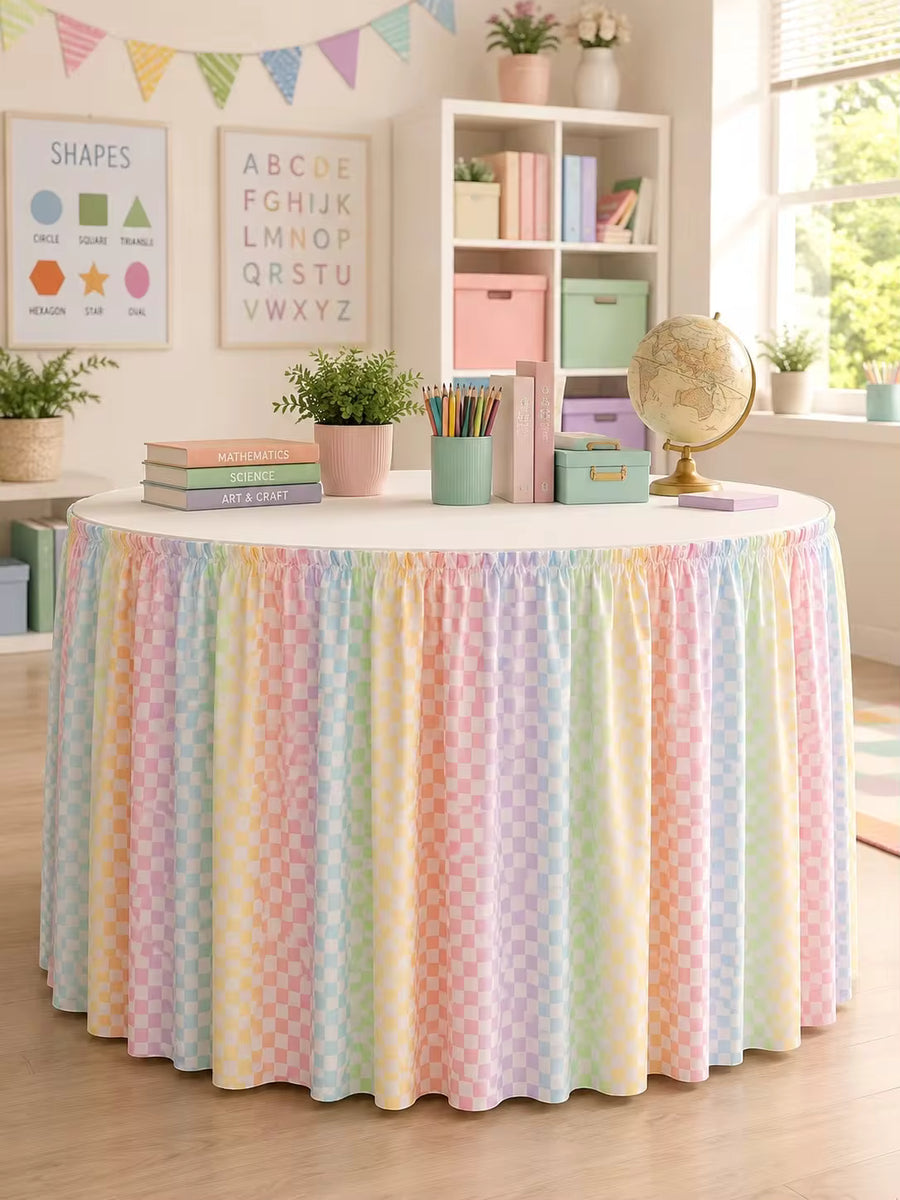 1pc Rainbow Plaid Classroom Desk Skirt, Back To School Teacher Desk Cover, Elastic Pleated Tablecloth, Suitable For Home/School Decor, Macaron Color Pleated Desk Skirt, Fits Rectangular/Round Tables