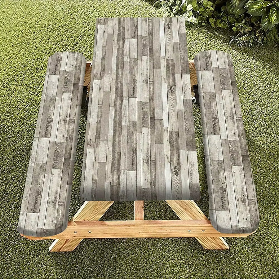 3-Piece Set 2D Printed Gray Wood Grain Picnic Table And Bench Covers - Heavy-Duty Elastic, Suitable For Outdoor Furniture, RV Camping, All-Weather Tablecloth For Backyard - Fits 4/6/8 Person Tables (Beige/Brown)